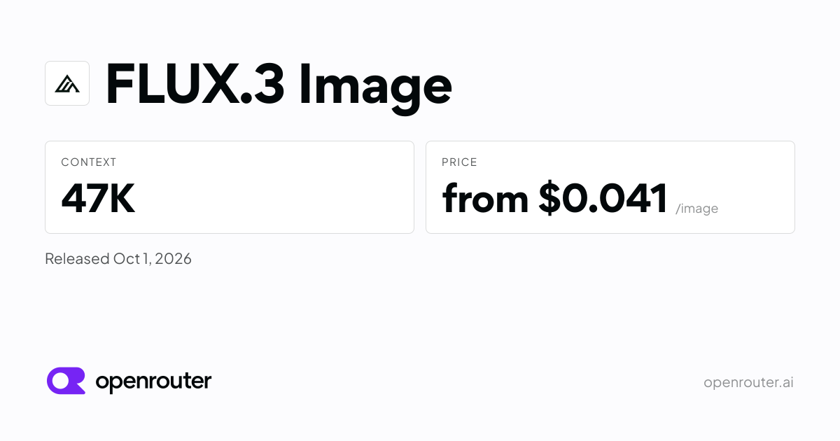 FLUX.3 Image model logo and interface dashboard showing OpenRouter platform integration