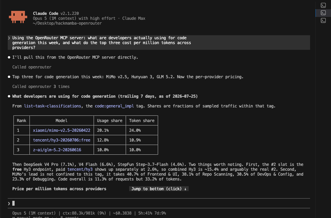 A Claude Code session querying the OpenRouter MCP server for the top code-generation models this week, returning a ranked table of usage and token shares before moving on to per-provider pricing