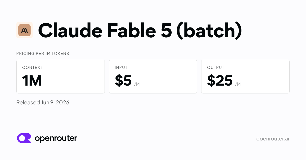 Claude Fable 5 (batch) - API Pricing & Benchmarks | OpenRouter