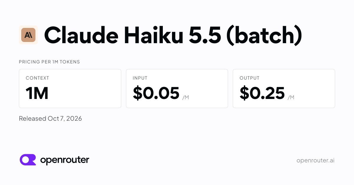 Claude Haiku 5.5 (batch) - API Pricing & Benchmarks | OpenRouter