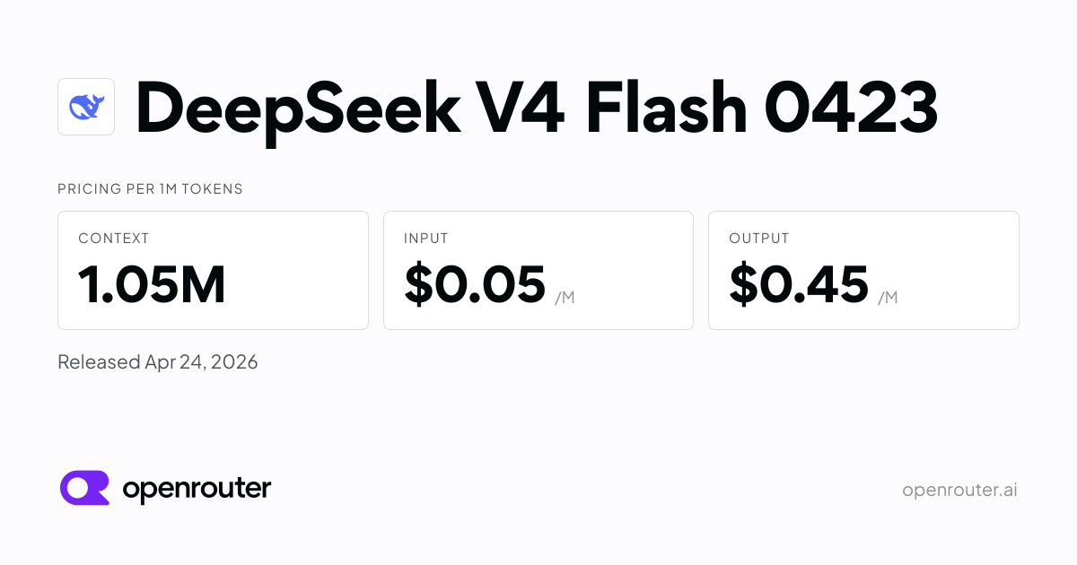 DeepSeek V4 Flash 0423 - API Pricing & Benchmarks | OpenRouter