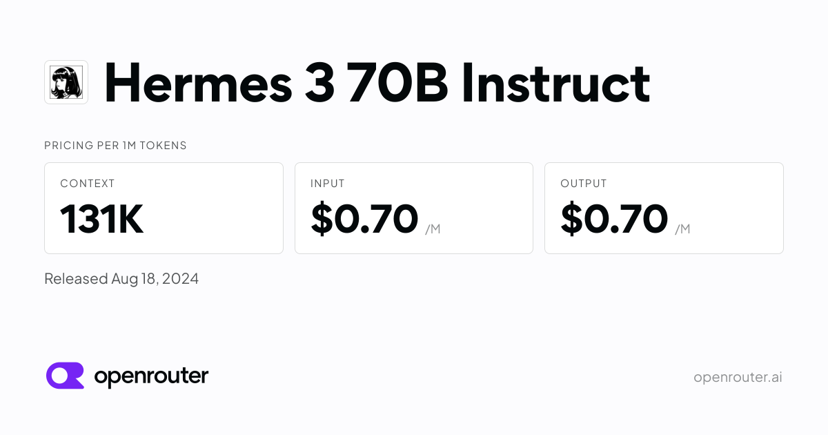 Hermes 3 70B Instruct - API Pricing & Benchmarks | OpenRouter