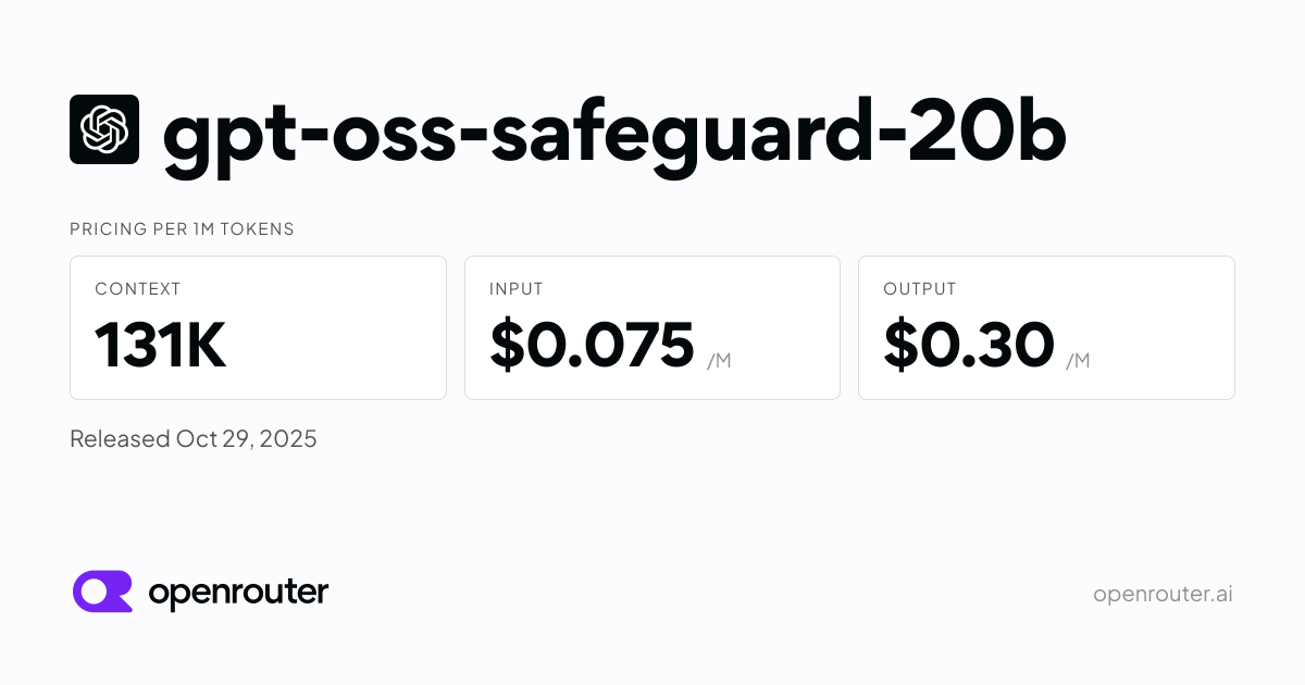 gpt-oss-safeguard-20b - API Pricing & Providers | OpenRouter