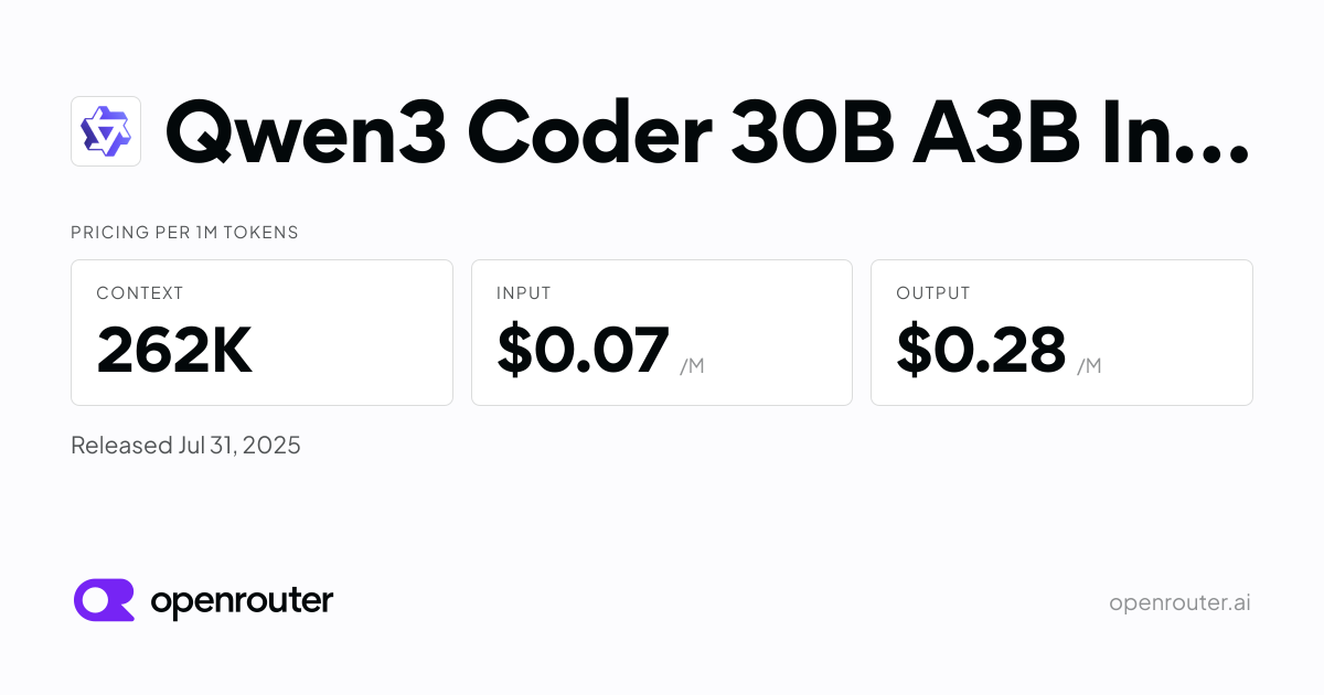 Qwen3 Coder 30B A3B Instruct - API Pricing & Benchmarks | OpenRouter