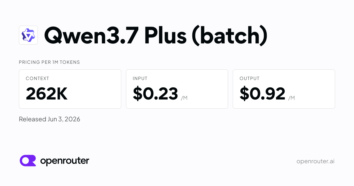 Qwen3.7 Plus (batch) - API Pricing & Benchmarks | OpenRouter