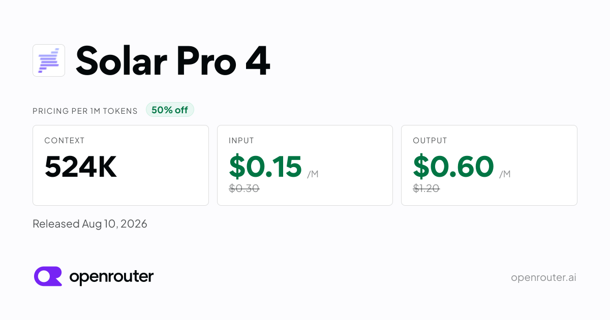 Solar Pro 4 - API Pricing & Benchmarks | OpenRouter