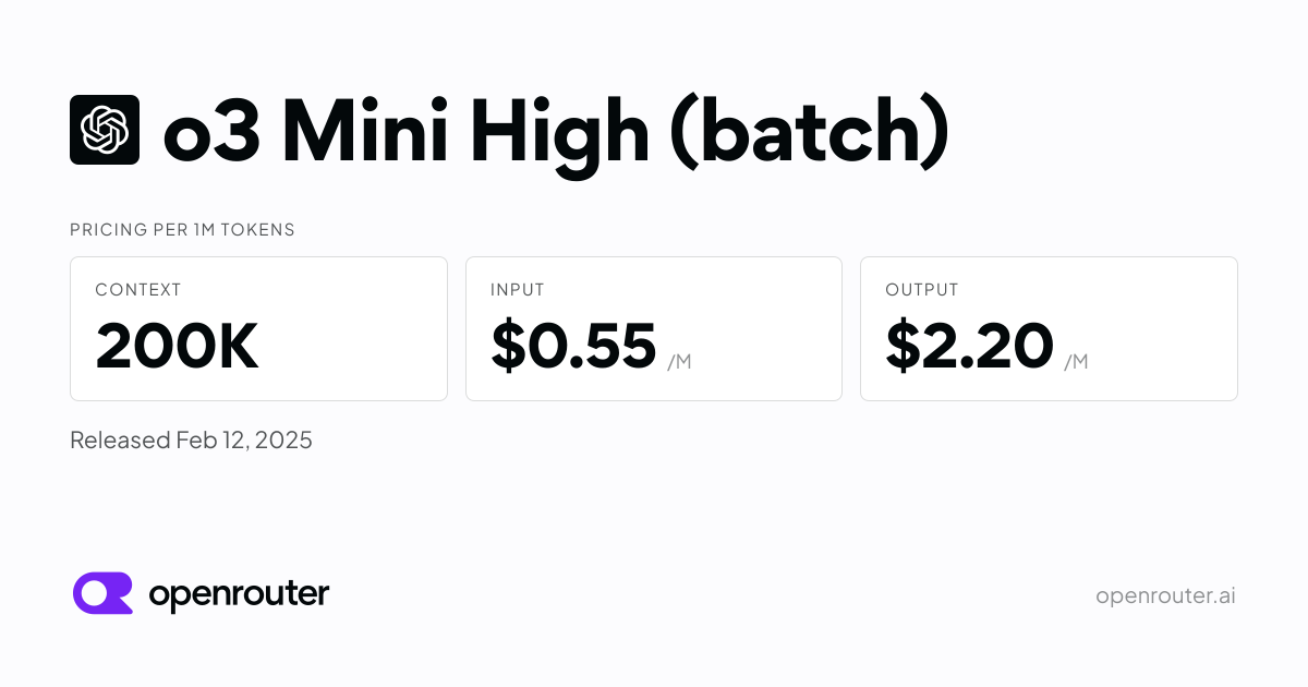 o3 Mini High (batch) - API Pricing & Benchmarks | OpenRouter